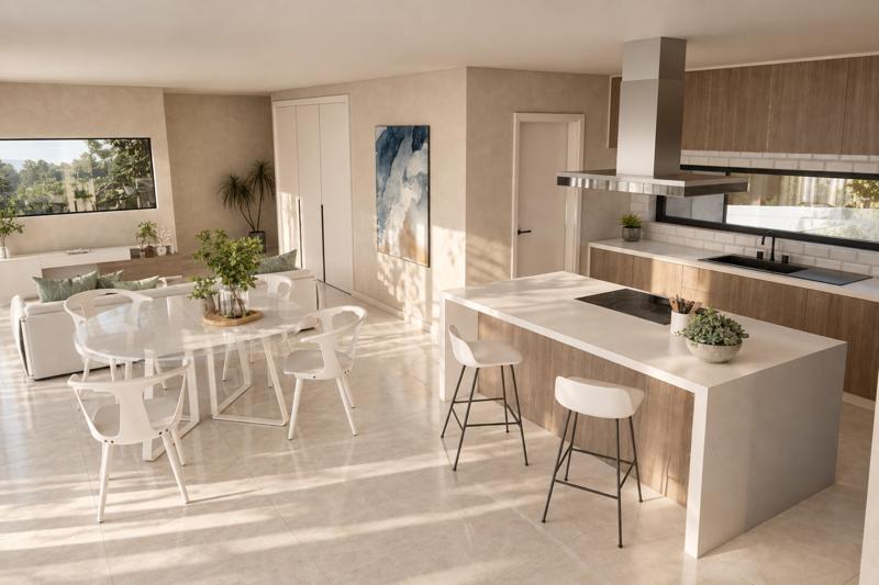 Sala de jantar e cozinha com ilha