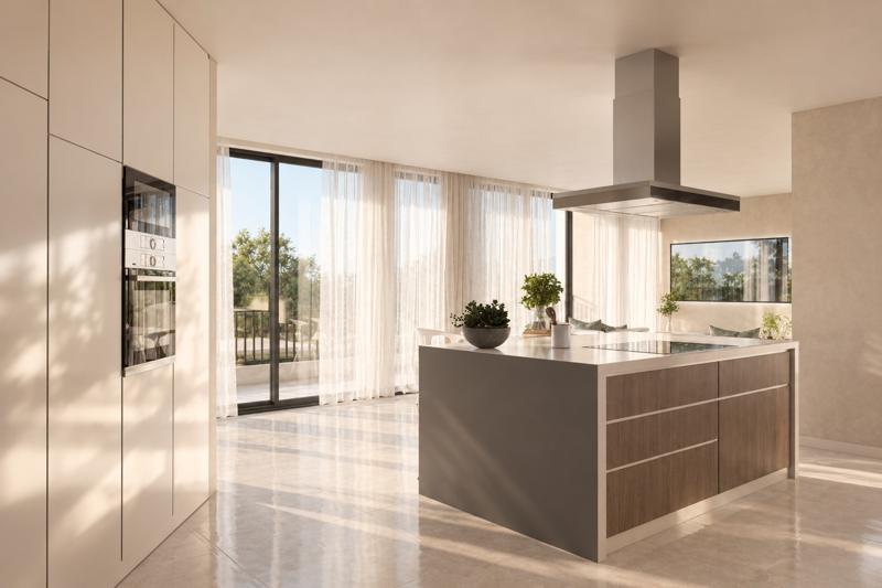 Cozinha com ilha e vista para a varanda