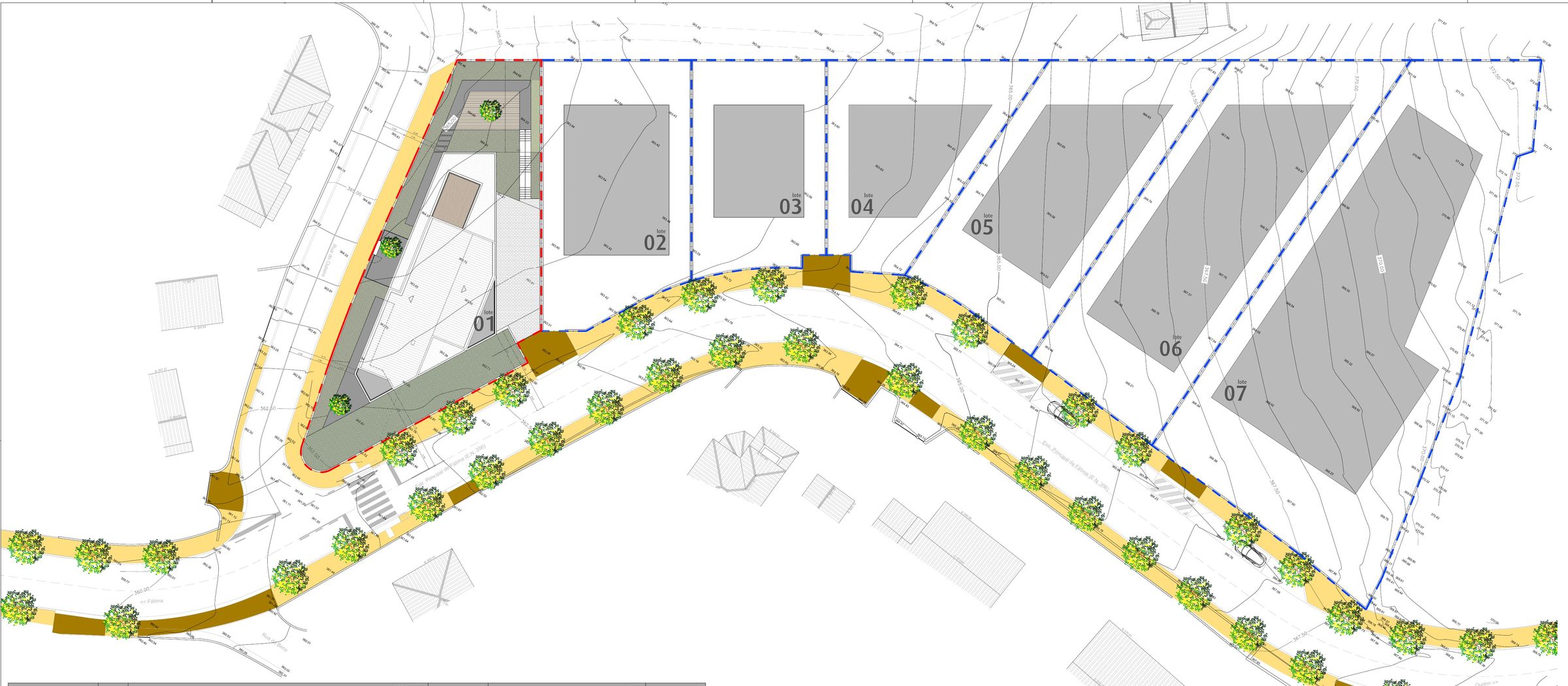 Planta do loteamento Colina do Moinho com os 7 lotes ao longo da nova rua arborizada